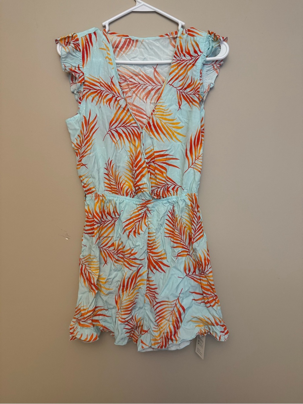 Cupshe Tropical Leaf Print Romper in Light Blue, Orange & Yellow